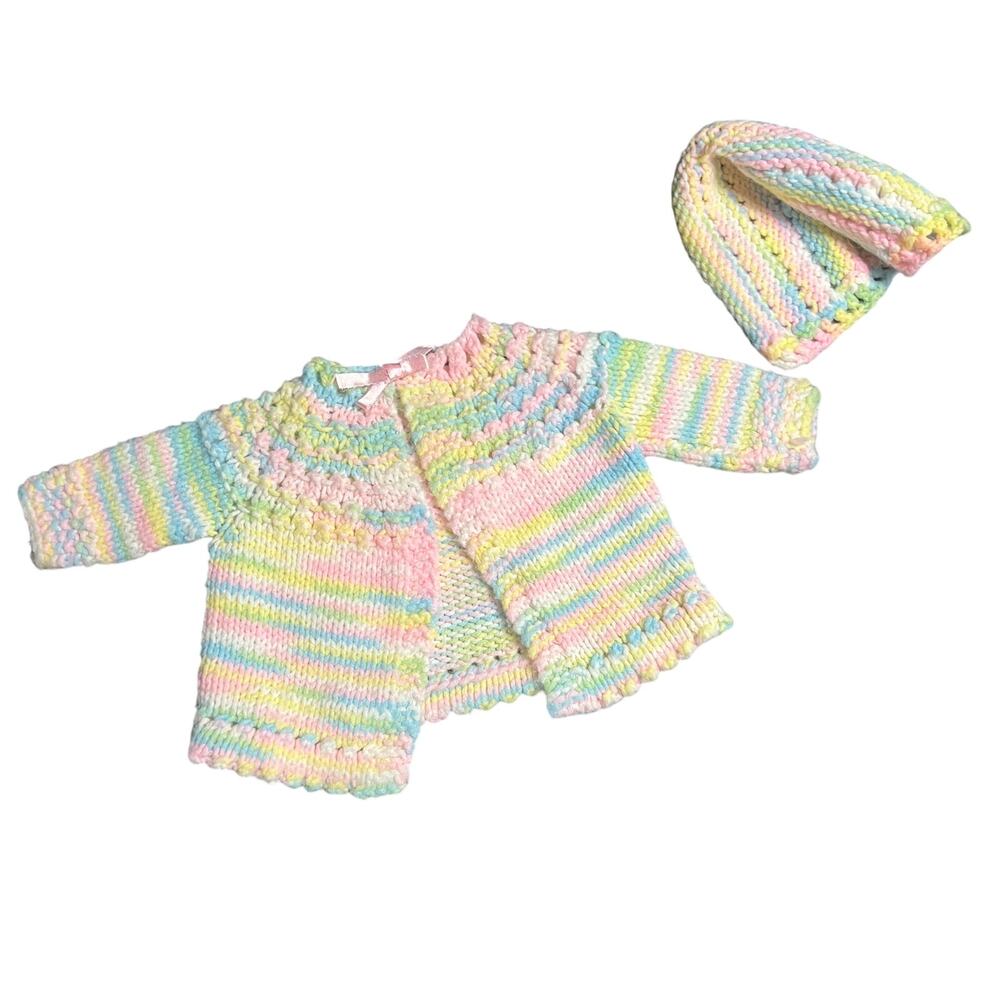 Vintage Handmade Pastel Rainbow Knit Baby Cardigan Sweater and Bonnet Hat Set